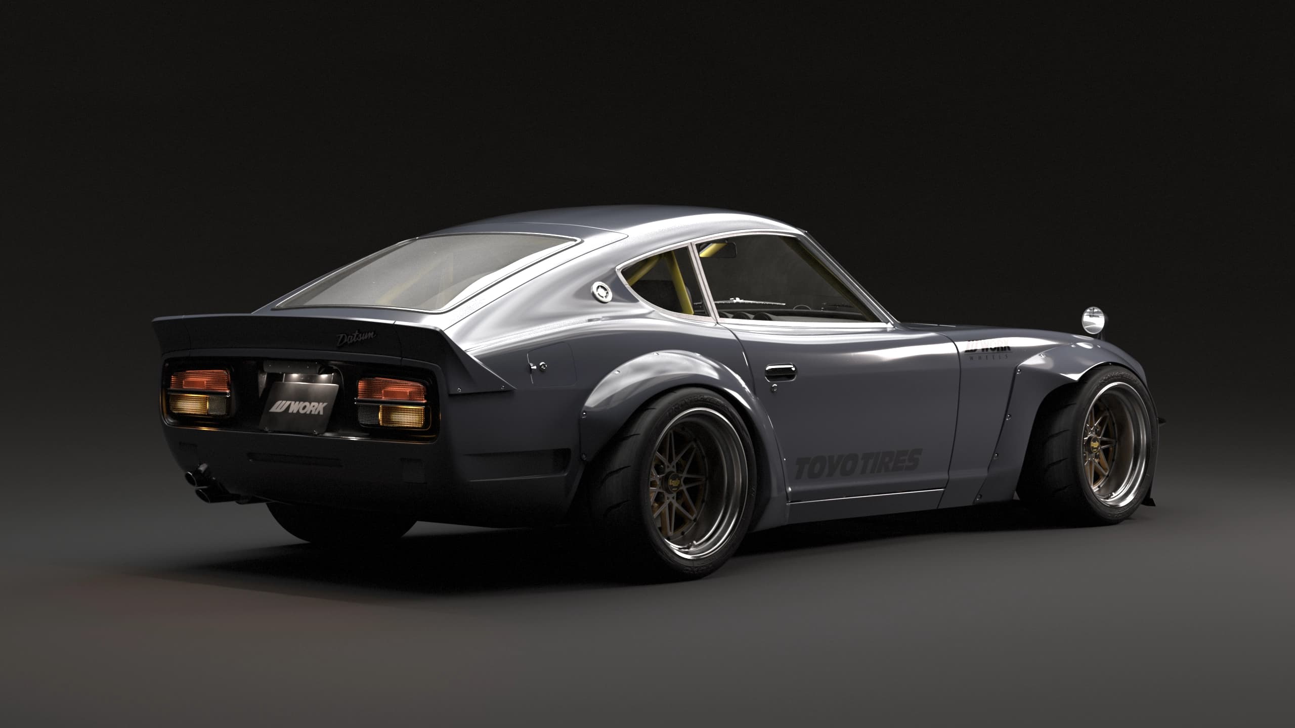 Rendering 3D di Datsun 240Z customizzata widebody, vista tre quarti posteriore con fanaleria a tondo e parafanghi allargati