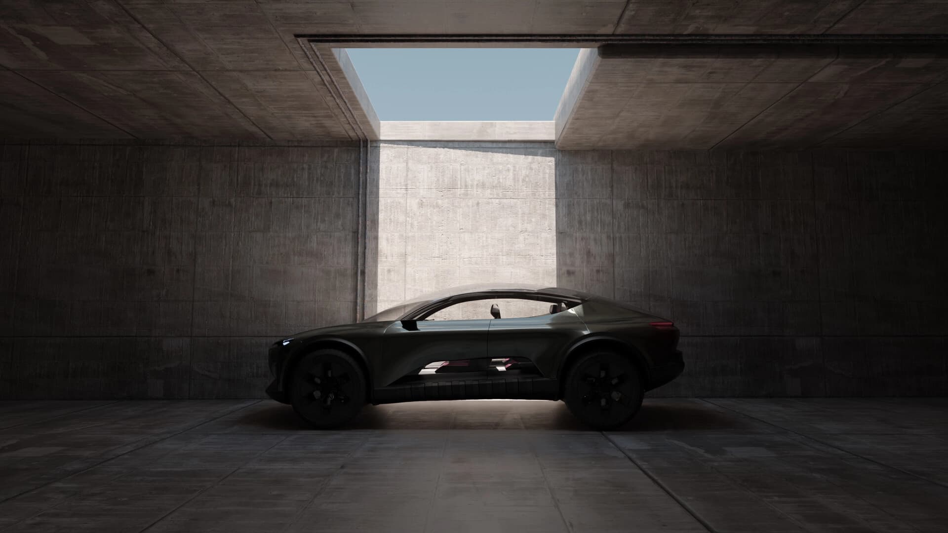 Rendering 3D di concept car Audi nera, vista laterale in ambiente cementizio illuminato dall'alto