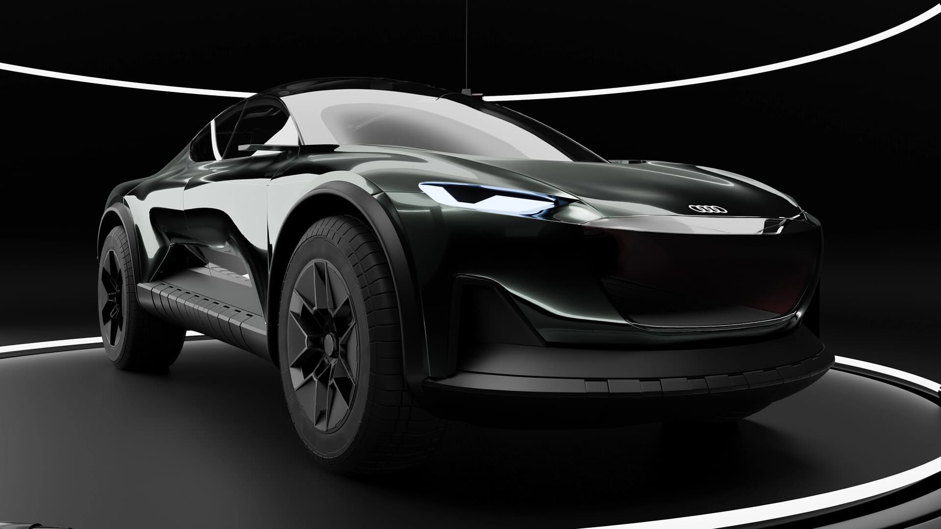 Rendering 3D di concept car Audi nera, vista frontale tre quarti con anelli di luce circolari su sfondo scuro