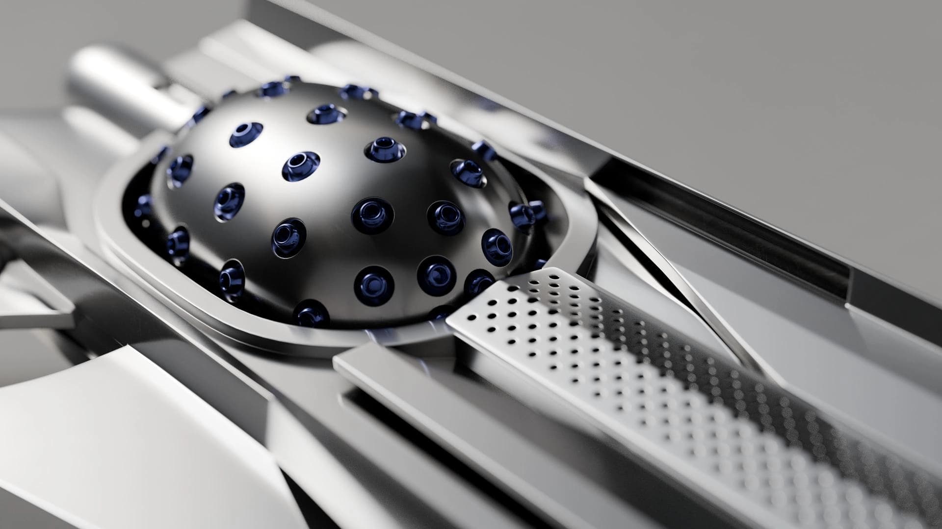 Composizione astratta di superfici hard surface metalliche con cupola tempestata di lenti blu
