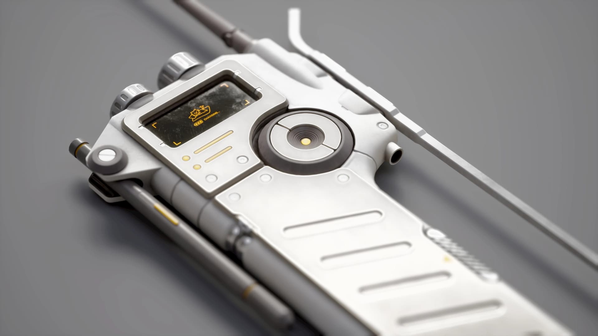 Modello 3D di scanner sci-fi hard surface bianco con display, controlli e antenna laterale