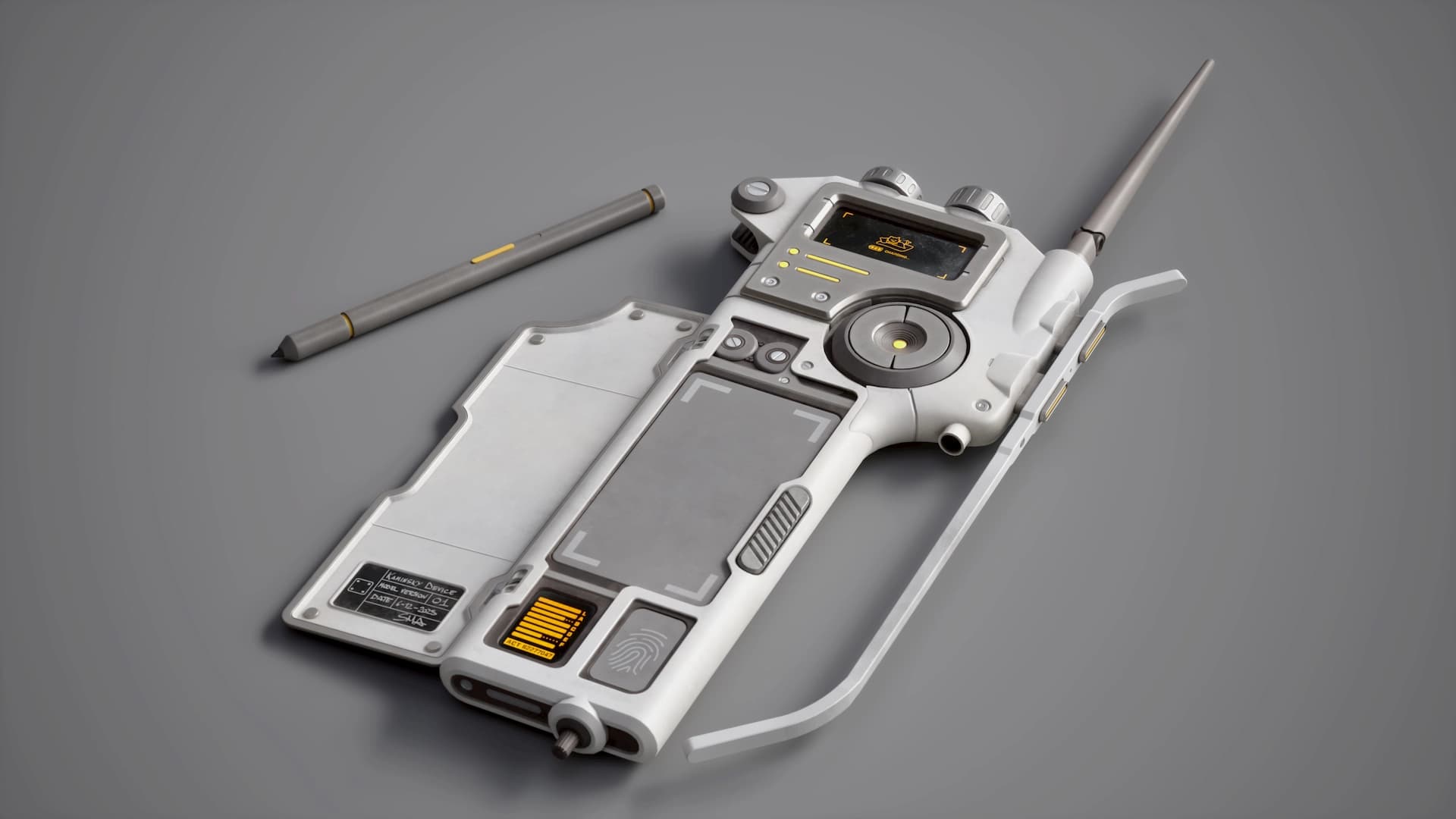 Modello 3D di prop sci-fi hard surface in vista smontata, con stilo e display orientabile