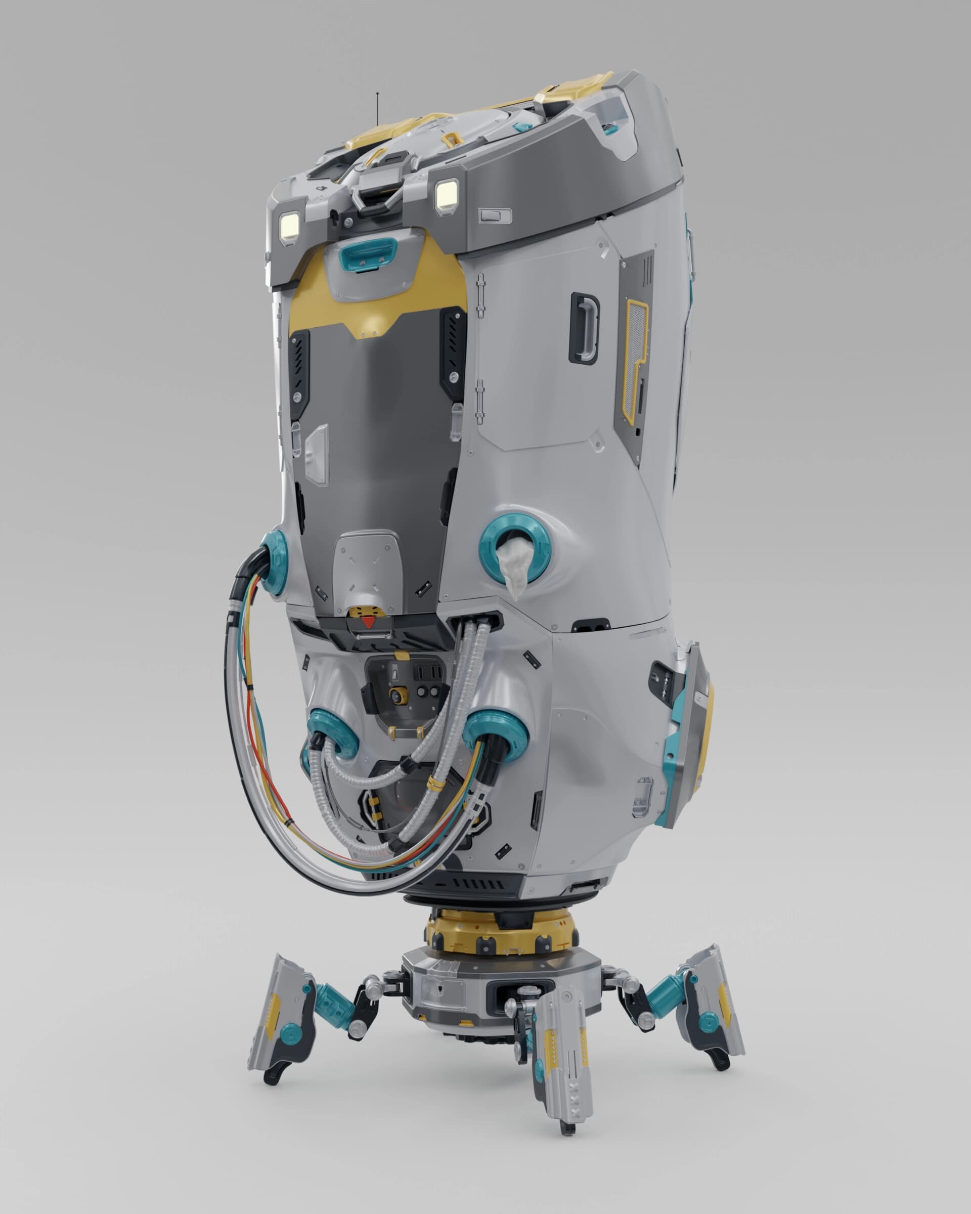 Modello 3D di robot tripode hard surface bianco con dettagli turchese e gialli, cavi esposti e zampe articolate